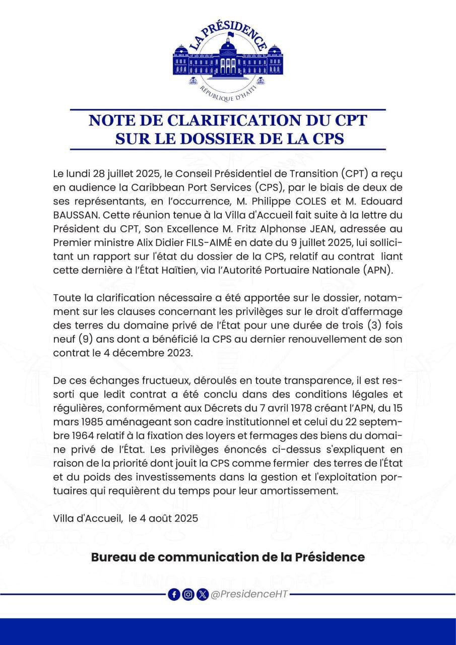 Clarification du CPT sur le Contrat entre l'état Haïtien et le Caribbean Port Services