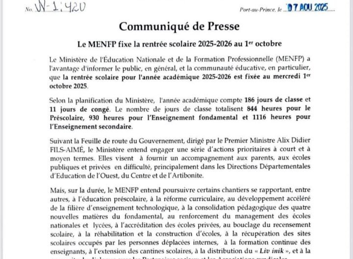 Haïti – Éducation : Le MENFP fixe la rentrée scolaire 2025-2026 au 1er octobre