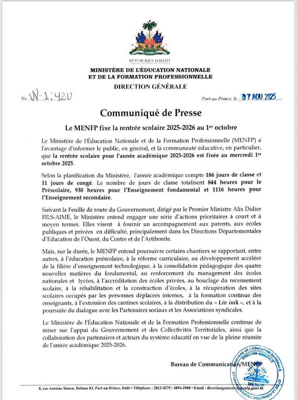 Haïti – Éducation : Le MENFP fixe la rentrée scolaire 2025-2026 au 1er octobre