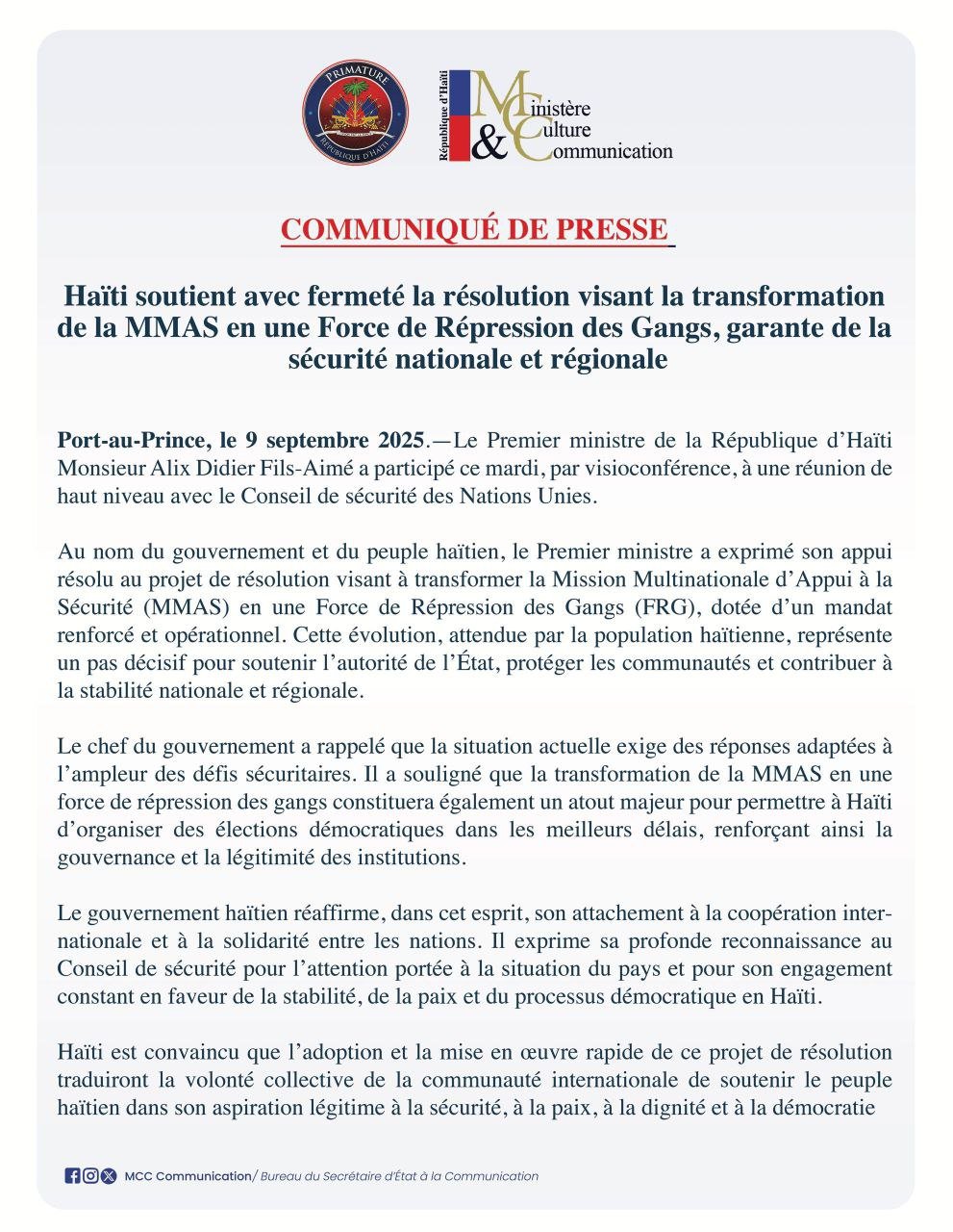 Haïti soutient la transformation de la MMAS en Force de Répression des Gangs, affirme le chef du gouvernement haïtien