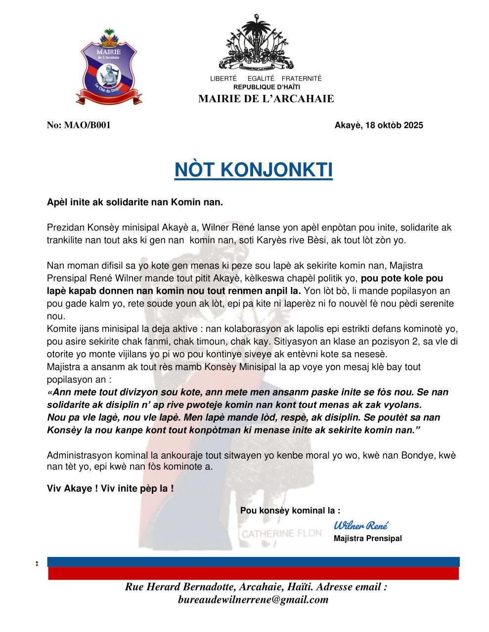 Arcahaie: l&rsquo;agent intérimaire, Wilner René lance un appel à l&rsquo;unité